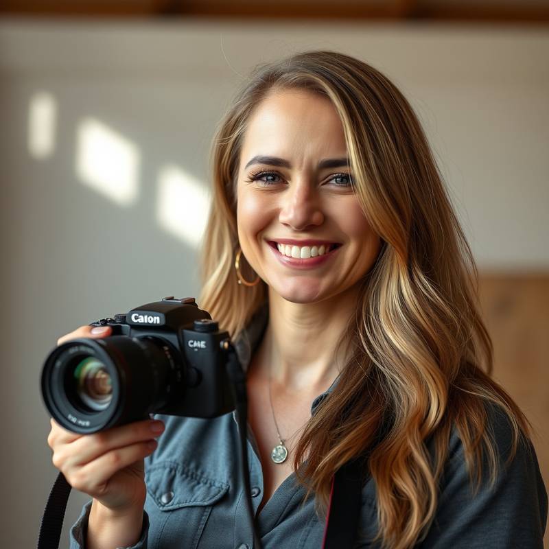 Portrait of Amelia Stone, a friendly and experienced photography instructor with a camera.