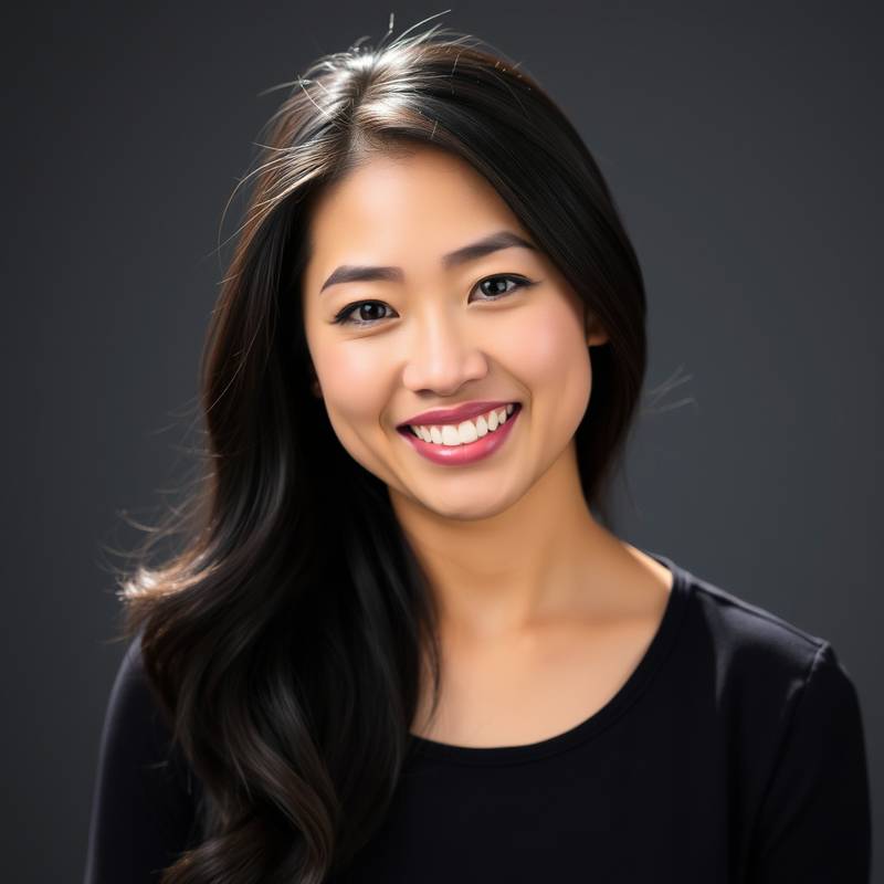 Portrait of Sarah Chen, a portrait photography instructor at Coastal Light Photography Academy, smiling confidently in a studio setting.